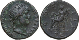 Hadrian (117-138). AE Dupondius, 125-128 AD. Obv. HADRIANVS AVGVSTVS. Radiate bust of Hadrian right, with slight drapery on far shoulder. Rev. COS III...