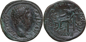 Aelius Caesar (136-138). Sestertius, 137 AD. Obv. L AELIVS CAESAR. Bare head right. Rev. TR POT COS II SALVS SC. Salus seated left, feeding out of pat...