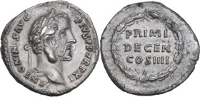 Antoninus Pius (138-161). AR Denarius, Roma mint , 147-148 AD. Obv. ANTONINVS AVG PIVS P P TR P XI. Laureate head right. Rev. PRIMI / DECEN / NALES / ...