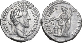 Antoninus Pius (138-161). AR Denarius, Rome mint, 158-159 AD. Obv. ANTONINVS AVG PIVS P P TR P XXII. Laureate head right. Rev. SALVTI AVG COS IIII. Sa...