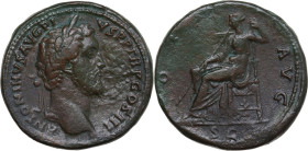 Antoninus Pius (138-161). AE Sestertius. Rome mint, c. 141-143 AD. Obv. ANTONINVS AVG PIVS P P TR P COS III. Laureate bust right. Rev. OPI AVG / SC. O...