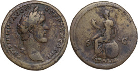 Antoninus Pius (138-161). AE Sestertius, Rome mint, 143-144 AD. Obv. ANTONINVS AVG PIVS PP TR P COS III. Laureate head right. Rev. ITALIA SC. Italia t...