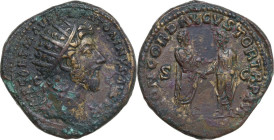 Marcus Aurelius (161-180). AE Dupondius, 162 AD. Obv. IMP CAES M AVREL ANTONINVS AVG P M. Radiate head right. Rev. CONCORD AVGVSTOR TR P XVI / S-C / C...