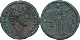 Marcus Aurelius as Caesar (139-161). AE Sestertius. Rome mint, 157-158 AD. Obv. AVRELIVS CAES ANTON AVG PII F. Bare-headed bust right, with slight dra...