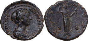Faustina II, wife of Marcus Aurelius (died 176 AD). AE As. Struck under Antoninus Pius, c. 150-152 AD. Obv. [FAV]STINA AVG ANTONINI AV[G PII FIL]. Dra...