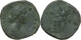 Faustina II, wife of Marcus Aurelius (died 176 AD). AE Sestertius. Rome, 161-164 AD. Obv. FAVSTINA AVGVSTA. Draped bust right. Rev. CERES SC. Ceres, v...