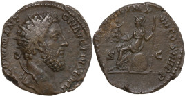 Commodus (177-192). AE Dupondius, 183 AD. Obv. [M] COMMODVS ANTON AVG PIVS BRIT. Radiate head right. Rev. TRP VIIII IMP VII COS IIII P P, SC. Roma, ho...