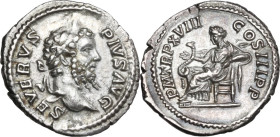 Septimius Severus (193-211). AR Denarius, 210 AD. Obv. SEVERVS PIVS AVG. Laureate head right. Rev. P M TR P XVIII COS III P P. Salus seated left, feed...