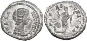 Julia Domna (died 217 AD). AR Denarius. Struck under Septimius Severus, 196-211 AD. Obv. IVLIA AVGVSTA. Draped bust right. Rev. PIE[T]AS PVBLICA. Piet...