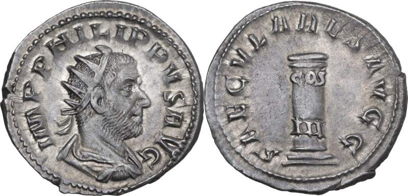 Philip I (244-249). AR Antoninianus, 248 AD. Obv. IMP PHILIPPVS AVG. Radiate, dr...