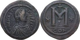 Anastasius I (491-518). AE Follis. Constantinople mint, 512-517 AD. Obv. D N ANASTASIVS P P AVG. Diademed, draped and cuirassed bust right. Rev. Large...