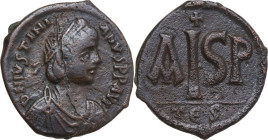 Justinian I (527-565). AE 16 Nummi. Thessalonica mint, c. 538-552. Obv. D N IVSTINI-ANVS P P AVG. Diademed, draped, and cuirassed bust right. Rev. AIS...