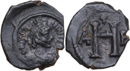 Justin I (518-527). AE 8 Nummi. Thessalonika mint. Obv. D N IVSTINIANVS P [P AVG]. Diademed, draped and cuirassed bust right. Rev. Large H; A - P acro...