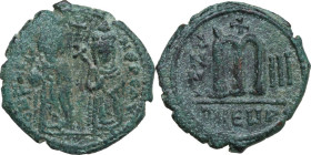 Phocas with Leontia (602-610). AE Follis, Theoupolis (Antioch) mint. Dated RY 3 (604/5 AD). Obv. O N FOCA NЄ PЄ AV. Phocas and Leontia standing facing...