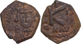 Constans II (641-668). AE Half Follis, Ravenna mint, 641 AD. Obv. Crowned and draped facing bust, holding globus cruciger. Rev. Large K with cross abo...