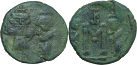 Constans II, with Constantine IV, Heraclius, and Tiberius (641-668). AE Follis. Syracuse mint, c. 659-668. Obv. Constans, bearded and holding long cro...