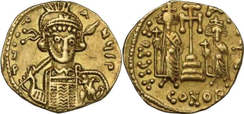Constantine IV Pogonatus, with Heraclius and Tiberius (668-685). AV Solidus. Con...