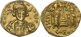 Constantine IV Pogonatus, with Heraclius and Tiberius (668-685). AV Solidus. Constantinople mint, uncertain officina. Struck circa 674-681. Obv. ∂N CO...