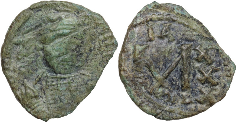 Constantine IV Pogonatus (668-685). AE Follis, Ravenna mint. Obv. Helmeted and c...