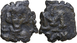 Justinian II (First Reign, 685-695). AE Follis, Ravenna mint. Obv. Bust facing, wearing crown and chlamys, and holding globus cruciger. Rev. Large M; ...