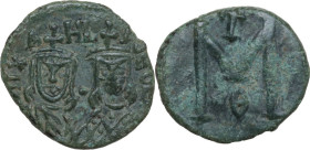 Michael II the Amorian, with Theophilus (820-829). AE Follis. Syracuse mint, 821-829. Obv. Crowned facing busts of Michael, wearing chlamys, and Theop...