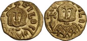 Theophilus (829-842). AV Tremissis, Syracuse mint. Obv. ΘЄOFILOS. Bust facing with short beard, wearing crown and chlamys, and holding globus cruciger...