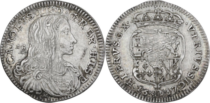 Napoli. Carlo II di Spagna (1674-1700). Carlino 1687 sigle AG/A e IM. D/ Busto c...