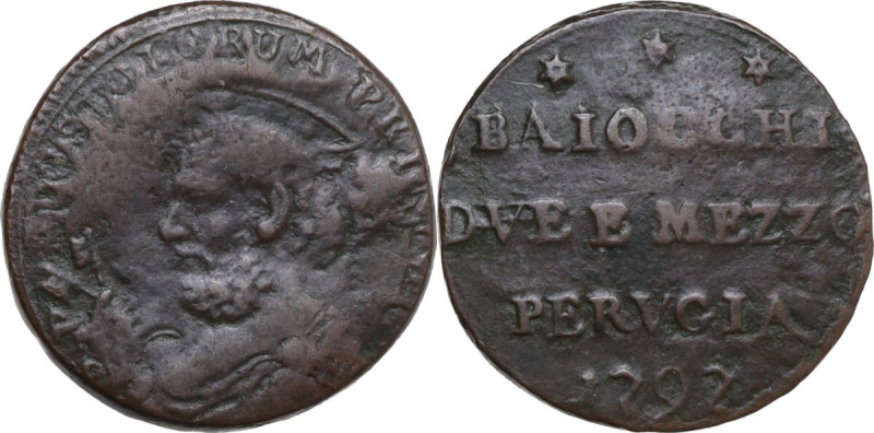 Perugia. Pio VI (1775-1799). Sampietrino da 2 e 1/2 baiocchi 1797. CNI 53; M. 39...