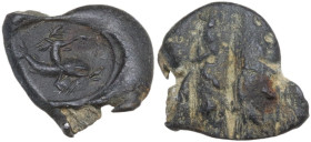 Leads from Ancient and Medieval World. PB Seal, 1st century BC-1st century AD. D/ Cupid riding on dolphin right. R/ Uncertain. PB. 1.54 g. 14.00 mm. P...