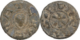 Leads from Ancient and Medieval World. PB Tessera. Medieval period, c. 10th-12th centuries AD. D/ + FRATER. R/ PORCIVS (?). PB. 2.94 g. 17.00 mm.