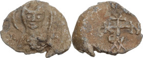 PB Seal, Byzantine, c. 7th-12th century. D/ Bust of Virgin Mary with medallion containing the head of Christ; cross to left. R/ Cruciform monogram. DO...