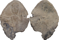 Leads from Ancient and Medieval World. PB Tessera. Medieval period, c. 10th-12th centuries AD. D/ Facing bearded man, holding sword in right hand and ...