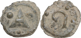 Leads from Ancient and Medieval World. PB Tessera. Medieval period, c. 10th-12th centuries AD. D/ Triangle with cross inside. Three pellets around. R/...