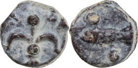 Leads from Ancient and Medieval World. PB Tessera. Medieval period, c. 10th-12th centuries AD. D/ Lily. R/ Fish left. PB. 3.43 g. 16.00 mm. VF.