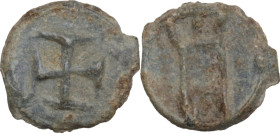 Leads from Ancient and Medieval World. PB Tessera. Medieval period, c. 10th-12th centuries AD. D/ Cross. R/ Turret. PB. 1.49 g. 12.50 mm. VF.