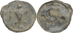 Leads from Ancient and Medieval World. PB Tessera. Medieval period, c. 10th-12th centuries AD. D/ Eagle facing. R/ S flanket by two pellets, omicron a...