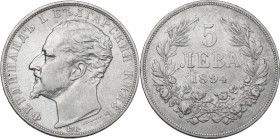 Bulgaria. Ferdinand I (1887-1918). 5 leva 1894 KB, Kremnica mint. KM 18; Nikolov 19. AR. 24.84 g. 37.00 mm. XF+.