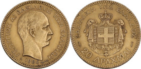 Greece. George I of Greece (1863-1913). 20 drachmas 1884 A, Paris mint. KM 56; Hellas 164; Fried. 18. AV. 6.47 g. 21.00 mm. AU.