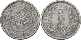 Japan. Meiji Era. AR 50 sen 1905. KM 4. AR. 13.44 g. 31.00 mm. About EF.