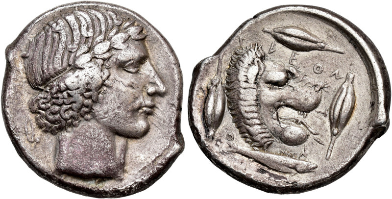 ANCIENT GREECE. SICILY. Leontini. Tetradrachm (c.466-422 BC). Laureate head of A...