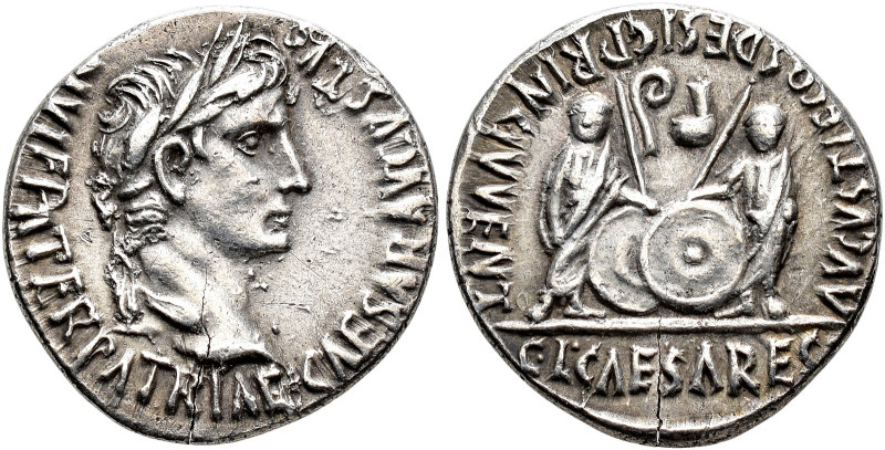 PERIOD FROM JULIUS CAESAR TO AUGUSTUS. AUGUSTUS. Denarius. Lugdunum (2 BC-4 AD)....