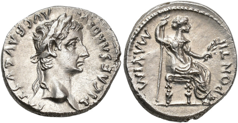 ROMAN EMPIRE. TIBERIUS. Denarius. Lugdunum (14- 37 AD). Laureate head right. TI ...