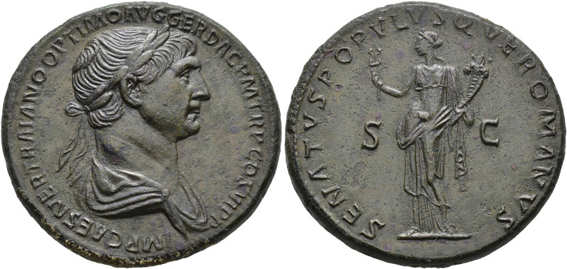 ROMAN EMPIRE. TRAJAN. Sestertius. Rome (114-117). Laureate and draped head at sh...