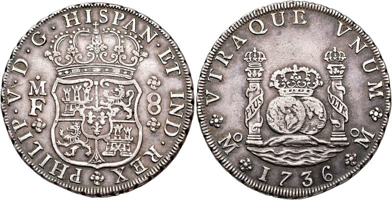 PHILIP V. 8 reales. 1736. Mexico. MF. AR 26.85 g. 40 mm. VI-1144; AC-1445. VF+. ...