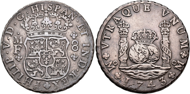 PHILIP V. 8 reales. 1743. Mexico. MF. AR 26.8 g. 38.5 mm. VI-1151; AC-1463. Grey...