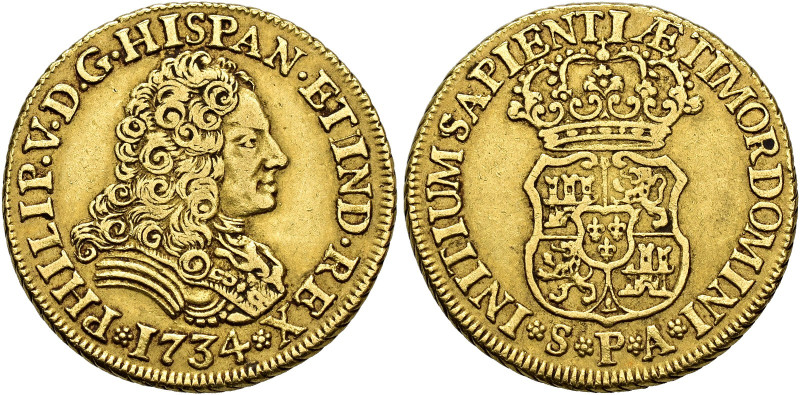 PHILIP V. 2 escudos. 1734. Seville. PA. AU 6.71 g. 21.8 mm. VI-1523; AC-1988. VF...