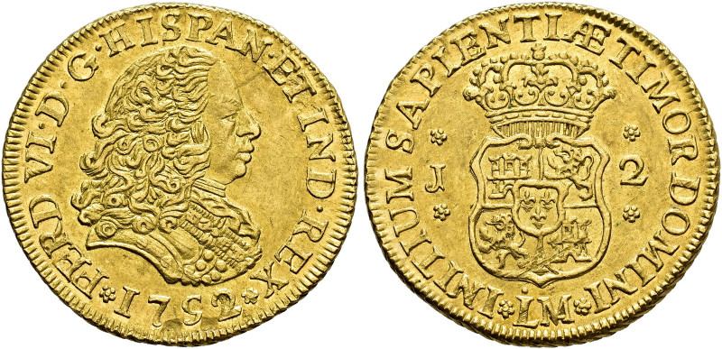 FERDINAND VI. 2 escudos. 1752/1. Lima. J. AU 6.75 g. 23 mm. VI-482 var.; AC-640....