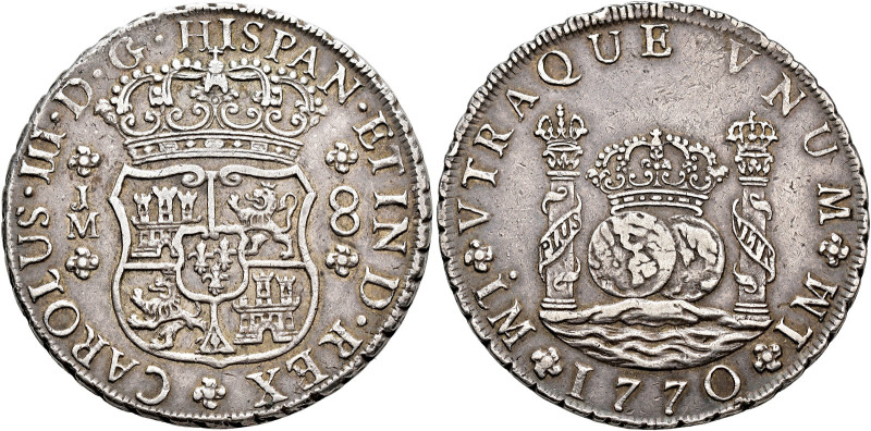 CHARLES III. 8 reales. 1770. Lima. JM. AR 26.9 g. 39.4 mm. VI-882; AC-1031. VF+....