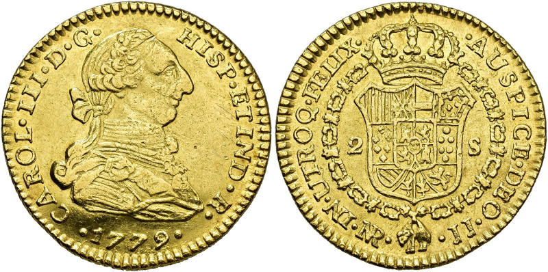 CHARLES III. 2 escudos. 1779. Nuevo Reino. JJ. AU 6.74 g. 22.9 mm. VI-1351; AC-1...