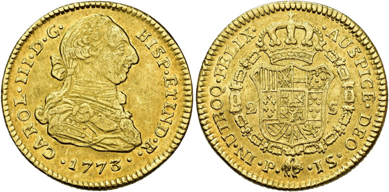 CHARLES III. 2 escudos. 1773. Popayán. JS. AU 6.73 g. 23.4 mm. VI-1372; AC-1629....